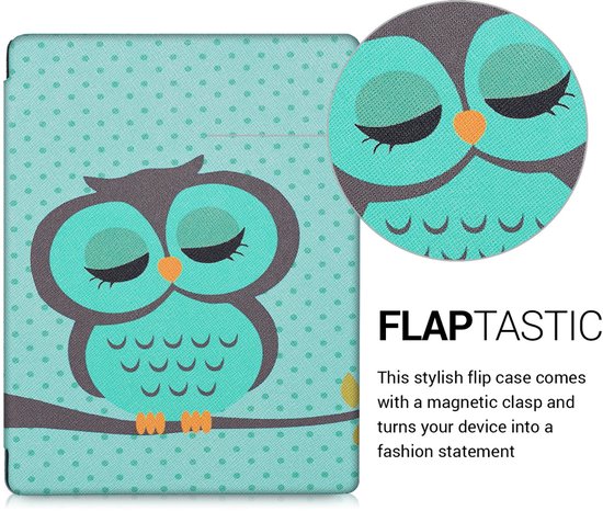 kwmobile e-reader hoesje geschikt voor Kobo Aura H2O Edition 2 hoes - E reader flip case met magnetische sluiting - Ereader cover - Slapende Uil design in turquoise / bruin / mintgroen van Merkloos — afbeelding 4