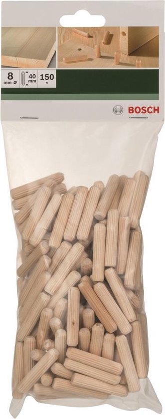 Een zak met 150 houten deuvels, elk 8 mm breed en 40 mm lang. De verpakking bevat ook beelden van houtbewerking.