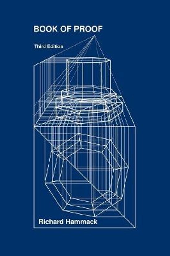 Blauwe omslag met witte lijntekening van geometrische vormen. Titel: 'BOOK OF PROOF', 'Third Edition', 'Richard Hammack'.