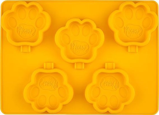 Geel silicone ijsvormpje met 5 pootvormige holtes. Elke holte heeft het woord "Smoofl" erop.