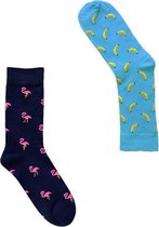 Binkie Socks Box | 2 Paar Leuke Sokken | Flamingo Sokken en Banaan Sokken | Warme Sokken Unisex Maat 43-46  | Happy Fruit Sock Box