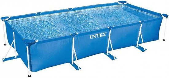 Blauw rechthoekig Intex zwembad met witte steunpilaren, met water gevuld en witte Intex logo.