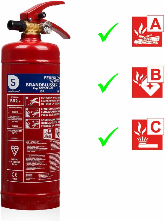 Smartwares 10.014.68 - Brandblusser Poeder 2kg - Incl ophangbeugel - Brandklasse ABC - BSI Gecertificeerd