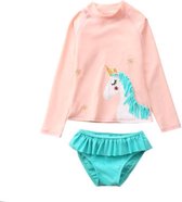 Badpak Meisje Lange Mouw – Zwemkleding lange mouwen – Zwempak Unicorn – Roze Turquoise – Maat 80/86