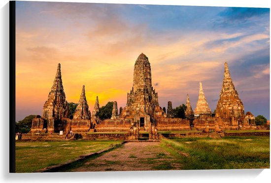 Foto: Canvas zonsondergang achter tempel in thailand 90x60cm foto op canvas schilderij wanddecoratie op canvas 