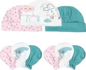 3-pack | Set Newborn babymutsjes + pasgebore baby krabwantjes | groen roze wolkje