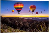 Acrylglas - Regenboogkleurige Luchtballonnen boven Berggebied - 90x60cm Foto op Acrylglas (Wanddecoratie op Acrylglas)