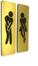 Deurbordje Toilet - WC bordjes – Tekstbord WC – Toilet bordje – WC - Bordje – Heren  Dames Toilet Man Vrouw Hoge Nood - Geborsteld Goud Look – Pictogram – Set van 2 - Zelfklevend - 5 cm x 15 cm x 1,6 mm - 5 Jaar Garantie