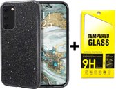 Samsung Galaxy A42 5G Hoesje Zwart - Glitter Back Cover & Glazen Screenprotector