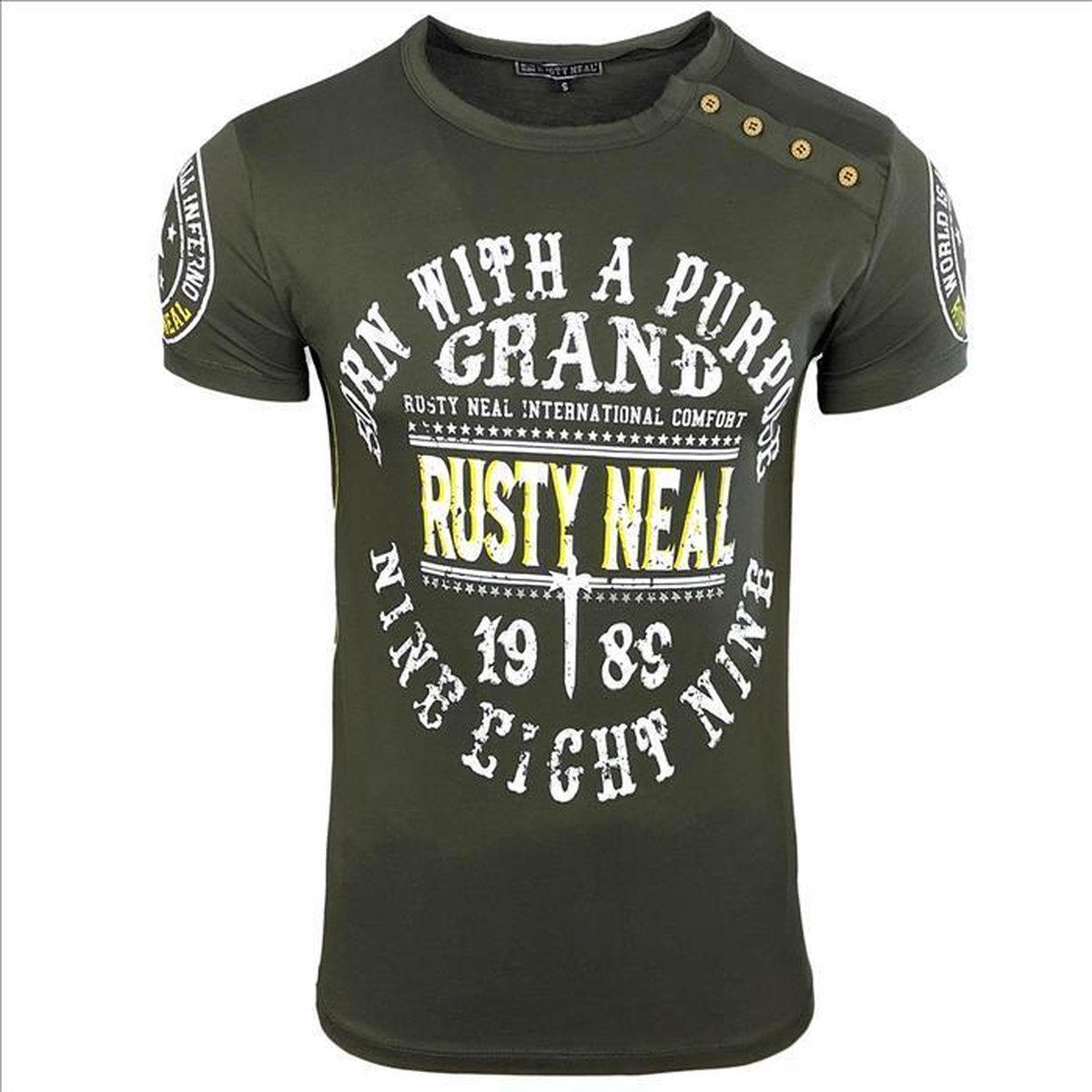T-shirt Homme Rusty Neal - Coupe Ajustée - Col Rond - En Coton Doux - Imprimé Devant - Taille XL Kaki