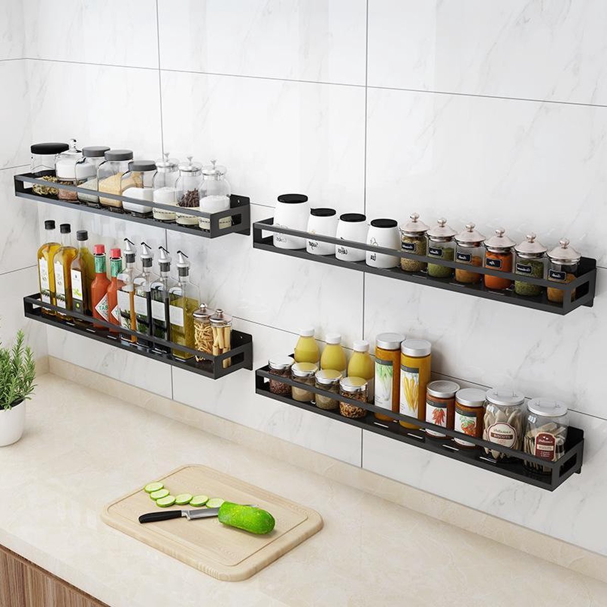 TECKZOON Keukenrek, wandorganizer, zonder boren, hangend kruidenrek van roestvrij staal met keukenrolhouder en 4-5 kruidendozen, kruidenorganizer, rek voor aan de muur (5 kruidendoos