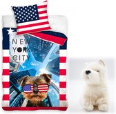 Dekbedovertrek New York met Hond- 140x200- katoen- dekbed jongens, meisjes- kussen 70x90, incl. pluche terrier knuffel hond.