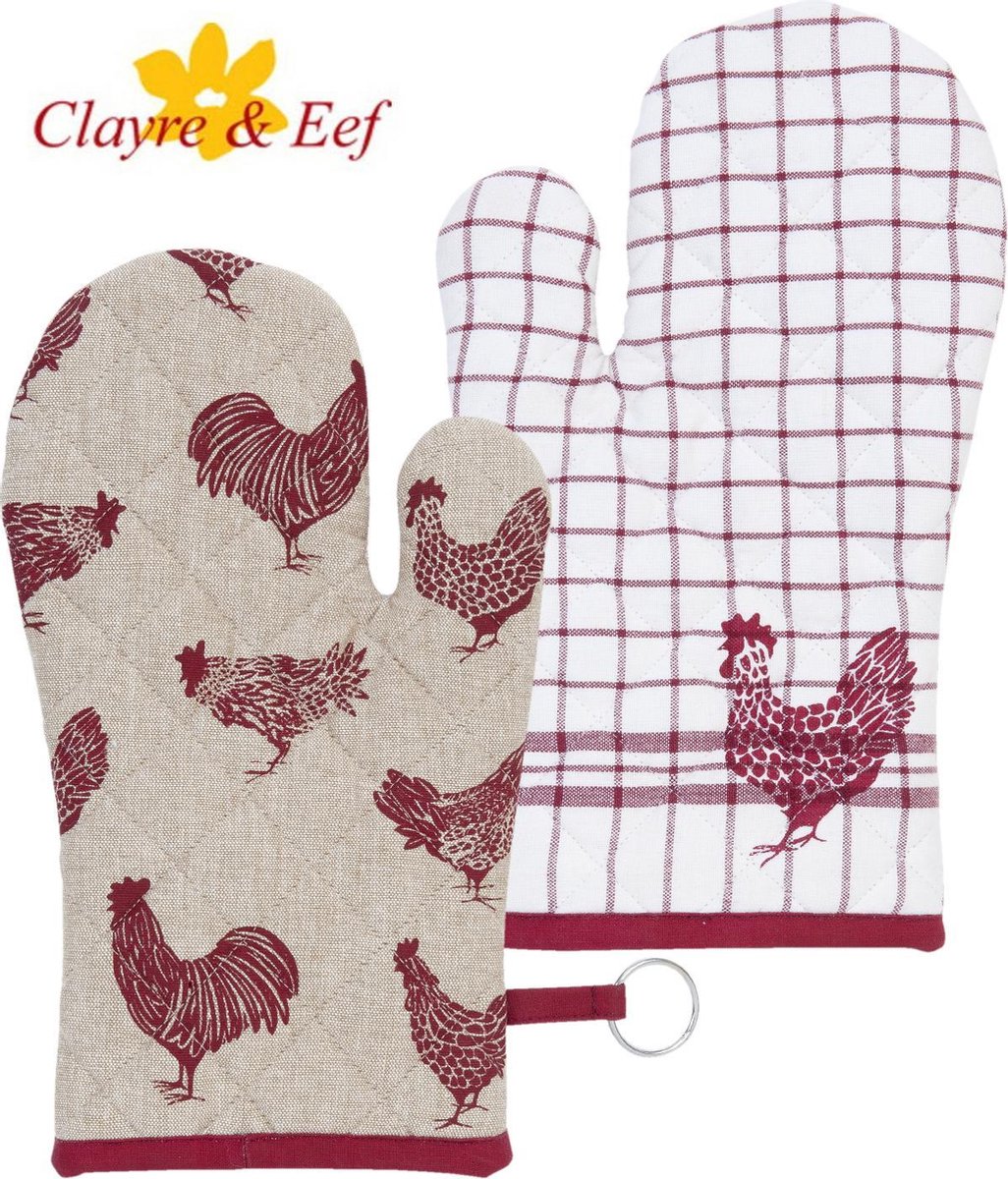 Clayre & Eef - 100% Katoenen - Ovenhandschoen Ovenwant - Landelijk - geruit - Kippen & Hanen - Country Side Chicken - 16 x 30 cm - Clayre & Eef
