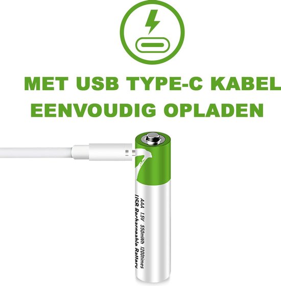 lavendel Bekwaam Atletisch AA + AAA Oplaadbare Batterijen 1,5 Volt (2600 + 750 mWh) met USB Type-C  Kabels opladen... | bol.com