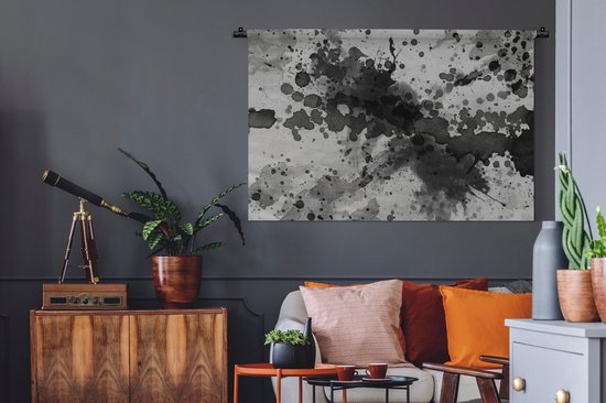 Tenture murale Aquarelle Abstrait - Oeuvre abstraite faite d'aquarelle et de projections de peinture sur fond gris Tenture murale coton 120x80 cm - Tapisserie murale avec photo