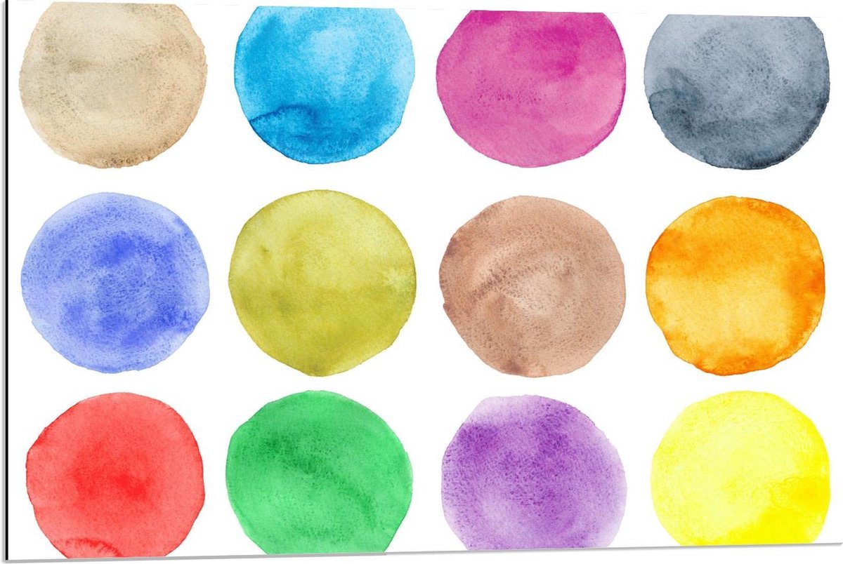 Dibond - Verschillende Kleuren Rondjes van Waterverf - 90x60cm Foto op Aluminium (Met Ophangsysteem)