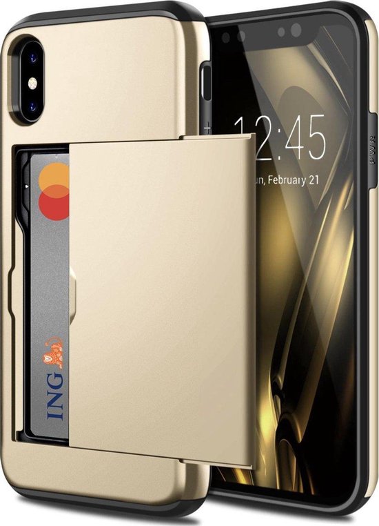 Étui iPhone X doré avec compartiment pour carte à rabat ouvert, carte visible.