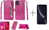 Glitter Bookcase voor Apple iPhone 12 Pro Max | Hoogwaardig PU Leren Hoesje | Telefoonhoesje | Portemonnee | Roze + 1x screenprotector