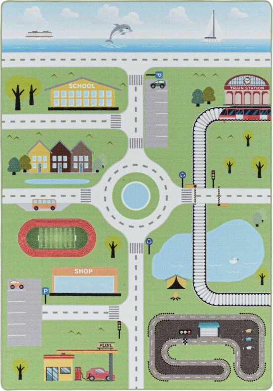 Tapijtenloods Play Vloerkleed Kinderkamer Verkeer Laagpolig Groen- 160x230 CM