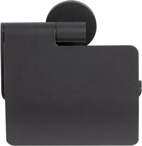 Zwarte toiletrolhouder met klep, strak design.