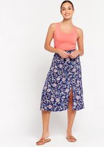 LOLALIZA Midi rok met split en bloemen print - Marine Blauw - Maat 36