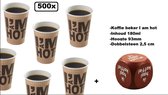 500x Koffiebeker I am Hot 180cc + dobbelsteen hout - koffie thee warme drank soep carnaval thema feest kantine festival grappig en fout