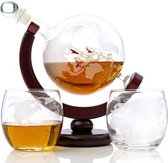 Globe Whiskey Decanterset Met Houten Stand Incl. 2 Whiskey Glazen | 0.9L