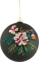 J-Line Kerstbal Geborduurde Bloem Glas Donker Groen/Mix Xl