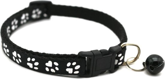 Verstelbaar Halsbandje | Voor Kat En Hond | Puppy en Kitten | Met Belletje | Pootafdruk | ZWART
