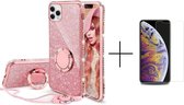 Apple iPhone 12  Back Cover Telefoonhoesje | Glitter | met Ring Houder | Roze + 1x screenprotector