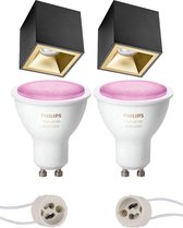 Opbouwspot Set GU10 - White and Color Ambiance - Bluetooth - Luxino Cliron Pro - Opbouw Vierkant - Mat Zwart/Goud - Verdiept - 90mm