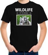 Dieren foto t-shirt Ringstaart maki - zwart - kinderen - wildlife of the world - cadeau shirt Ringstaart makis liefhebber S (122-128)