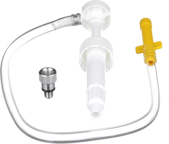 Witte oliepomp met gele hendel, doorzichtige slang en metalen adapter.