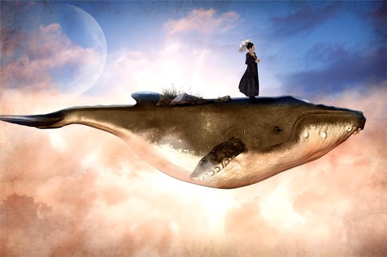 Poster Vrouw op een vliegende walvis 13x18 cm.