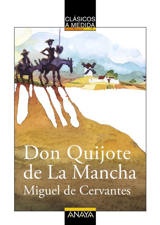 Couverture de livre "Don Quijote de La Mancha" par Miguel de Cervantes. Image de deux cavaliers à cheval et un moulin en arrière-plan.