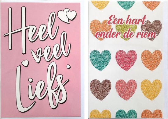 2 Wenskaarten - Een hart onder de riem – Heel veel Liefs – 12 x 17 cm