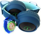 ZaciaToys Bluetooth Draadloze On-Ear Koptelefoon voor Kinderen Groen Incl. educatief kinderhorloge - Kattenoortjes - Kinder Hoofdtelefoon - Draadloos Headphone - Handsfree - Gehoor