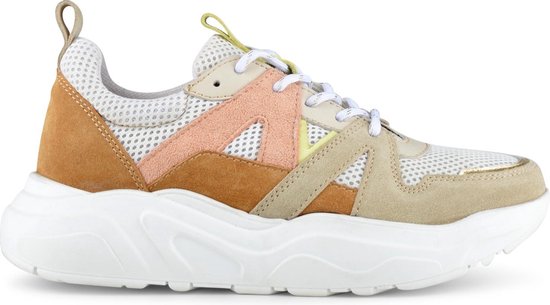 PS Poelman Year Dames Leren Chunky Runner Sneaker van Mesh en Suéde – Beige Cognac Peach – Maat 39