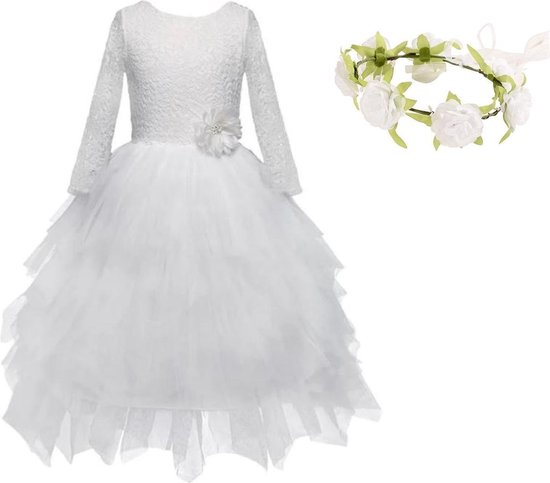 Communie jurk Bruidsmeisjes jurk bruidsjurk wit prinsessen jurk feestjurk + bloemenkrans