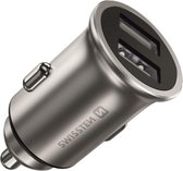 Swissten Mini Autolader - 2 USB-poorten - Geschikt voor o.a. iPhone & Samsung - 24W - Zilver