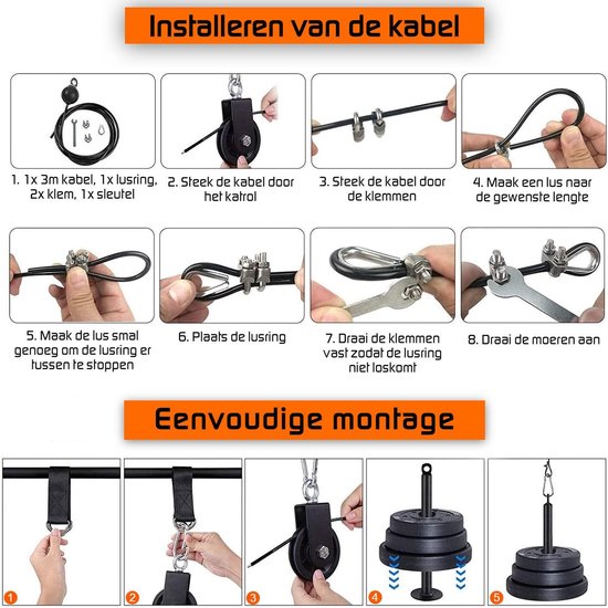 Fitness kabelsysteem – Thuis sporten met diverse handgrepen– katrol - triceps touw – krachttraining - lat pulley - krachtstation