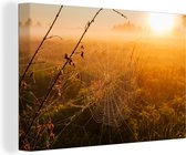 Canvas Schilderij Opkomende zon over mistig veld met spinnenweb - 90x60 cm - Wanddecoratie