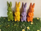 Set van 4  konijntjes Oranje Groen Geel en Paars Leuk als decoratie voor in de lentetuin 19x7x8cm elk