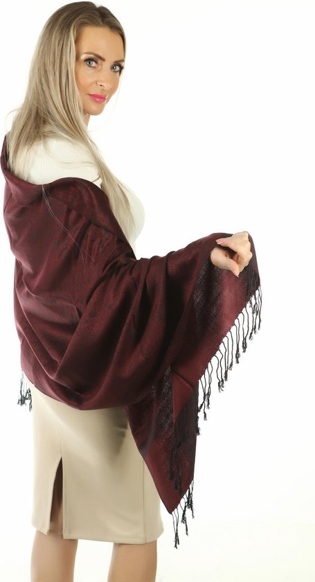 Écharpe Paisley Rouge Bordeaux | Cachemire-Soie-Foulard Femme-Homme- Design Zwart -Wrap-Pashmina-Etole