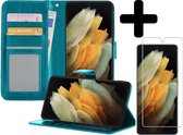 Samsung S21 Ultra Hoesje Book Case Met Screenprotector - Samsung Galaxy S21 Ultra Case Hoesje Wallet Cover Met Screenprotector - Turquoise