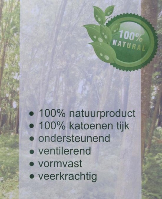 Uitleg van de voordelen van het kussen, met een 100% natuur logo.
