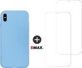 BMAX 2-pack iPhone XS glazen screenprotector incl. lichtblauw siliconen hardcase hoesje