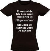 Drie keer niezen in coronatijd dames t-shirt | verkoudheid | mooi weer | corona virus |  Zwart