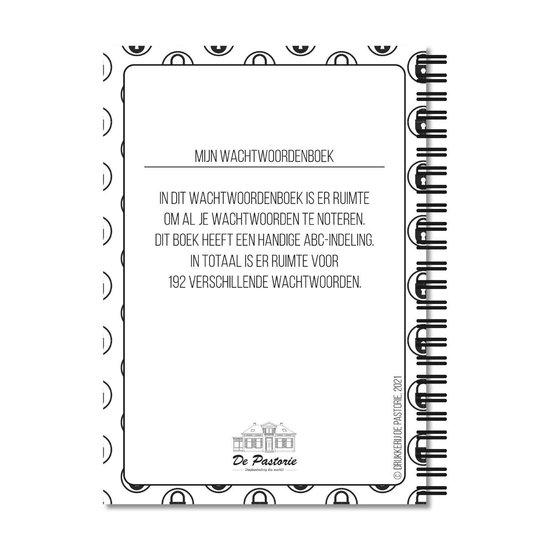 Omslag van een wachtwoordenboek met de titel 'MIJN WACHTWOORDENBOEK', ABC-indeling en ruimte voor 192 wachtwoorden. Logo van De Pastorie.