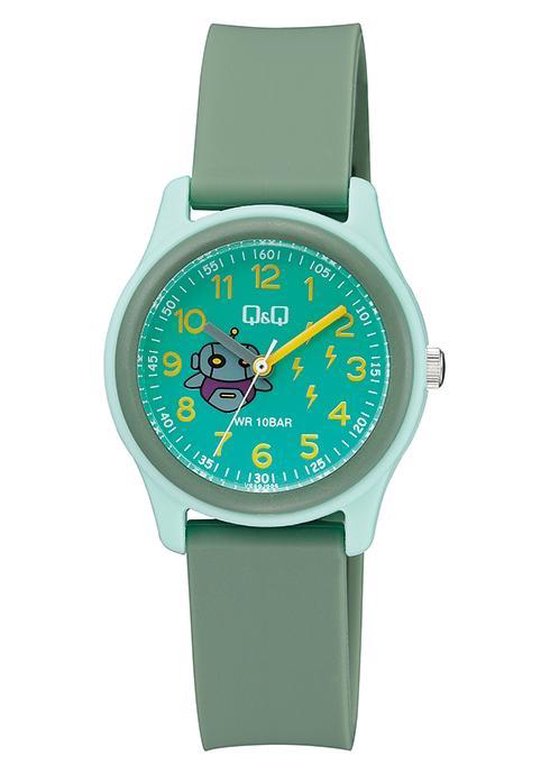 Q&Q VS59J006Y - Horloge - Sport - Analoog - Kinderen - Unisex - Plastic band - Rond - Kunststof - Cijfers - Dolfijn - Donkergroen - Lichtgroen - Geel - 10 ATM